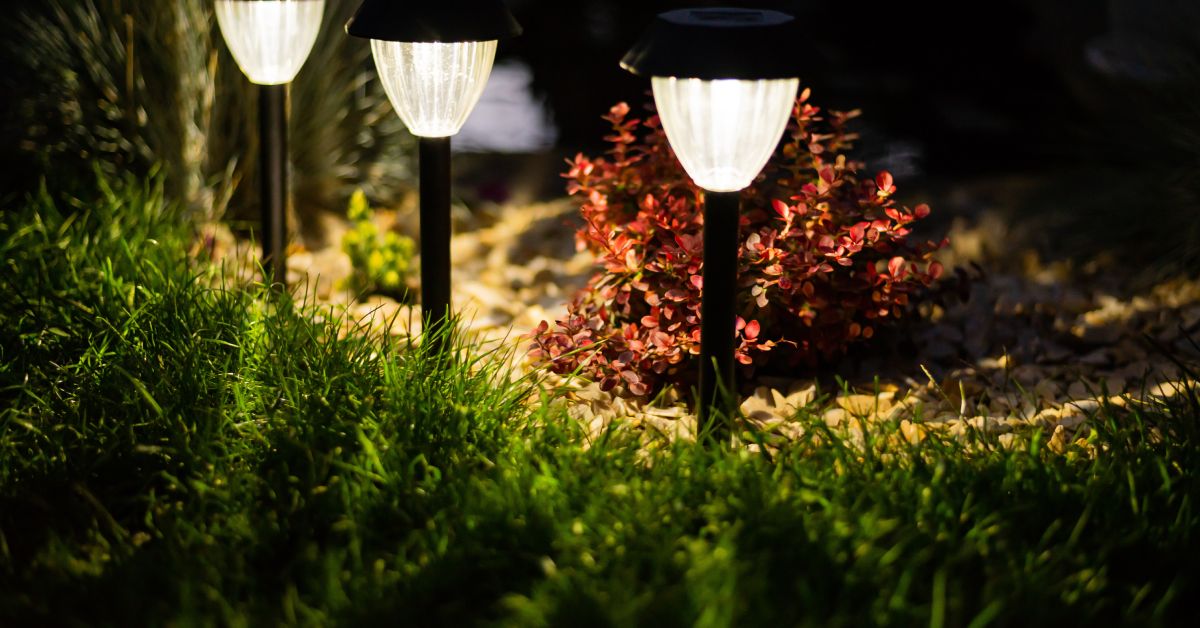A close-up of three solar-powered lights installed in the ground, lighting up the nearby grass and plants.