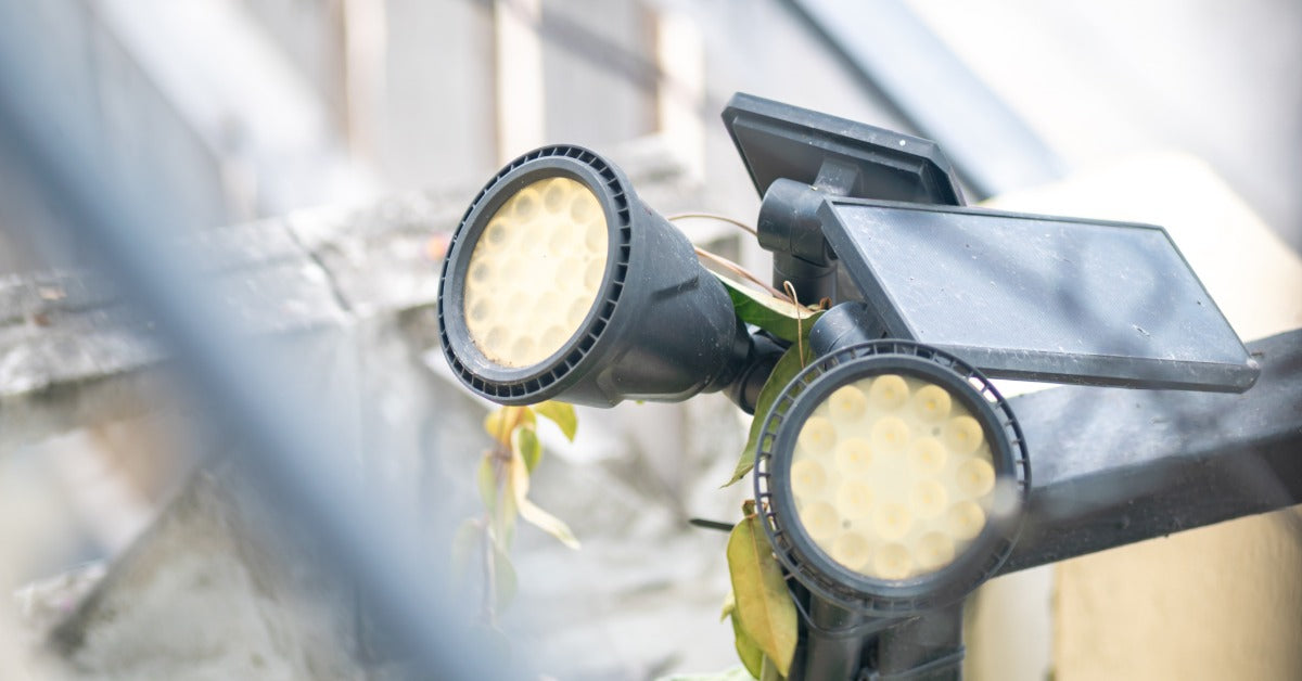 Two solar spotlights shine bright light during the daytime. They feature solar panels that keep them powered.